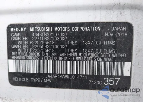 2019 Mitsubishi Outlander Sport 2.4 Gt из США, поврежденный, VIN JA4AR4AW8KU014741